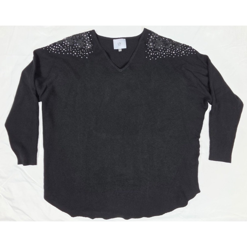 Black V-Neck Lace Rhinestone Studded Shoulder Dolman Sleeve Sweater